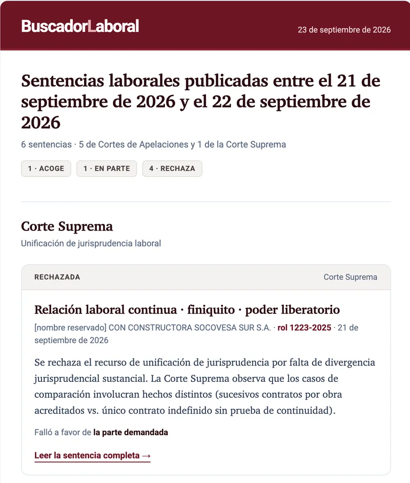 Captura del newsletter real de prueba con fallos de Corte Suprema y Cortes de Apelaciones